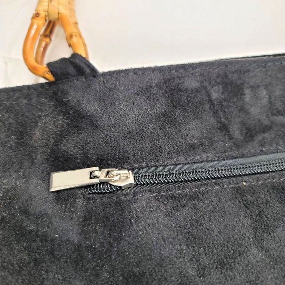 Black Sequin Fabric Tote Handbag with Bamboo Handles and Zip Top DH350 - Picture 5 of 5